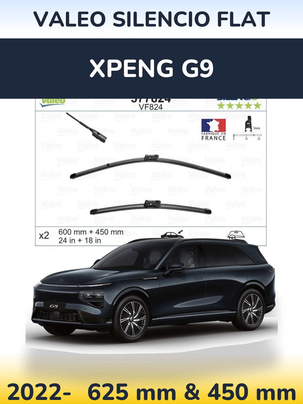 Front wiper blade set Valeo Silencio Flat 600 & 450 мм for XPENG G9 2022-2026