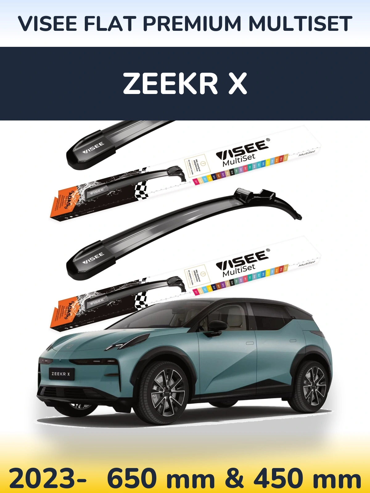 Komplet przednich wycieraczek VISEE FLAT PREMIUM MultiSet 650 & 450 mm do Zeekr X 2023-2026