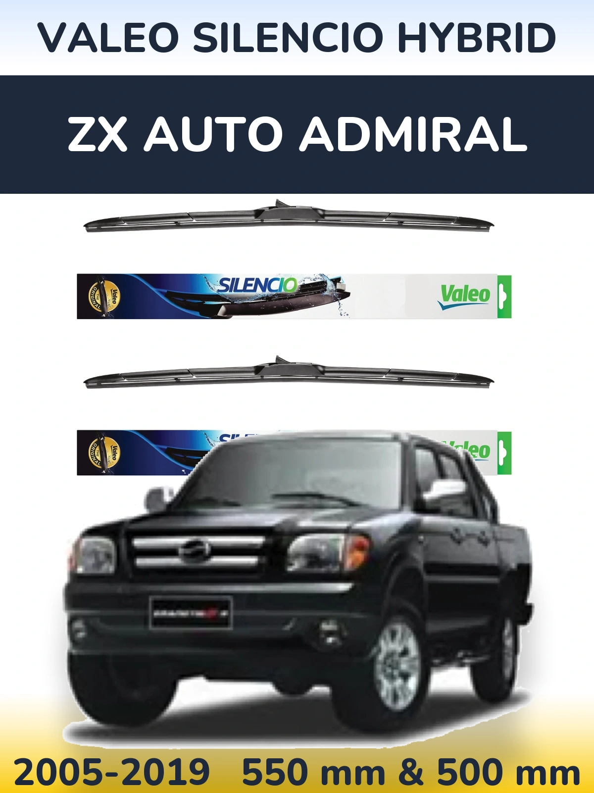 Front wiper blade set Valeo Silencio Hybrid 550 & 500 mm for ZX Auto Admiral 2005-2019