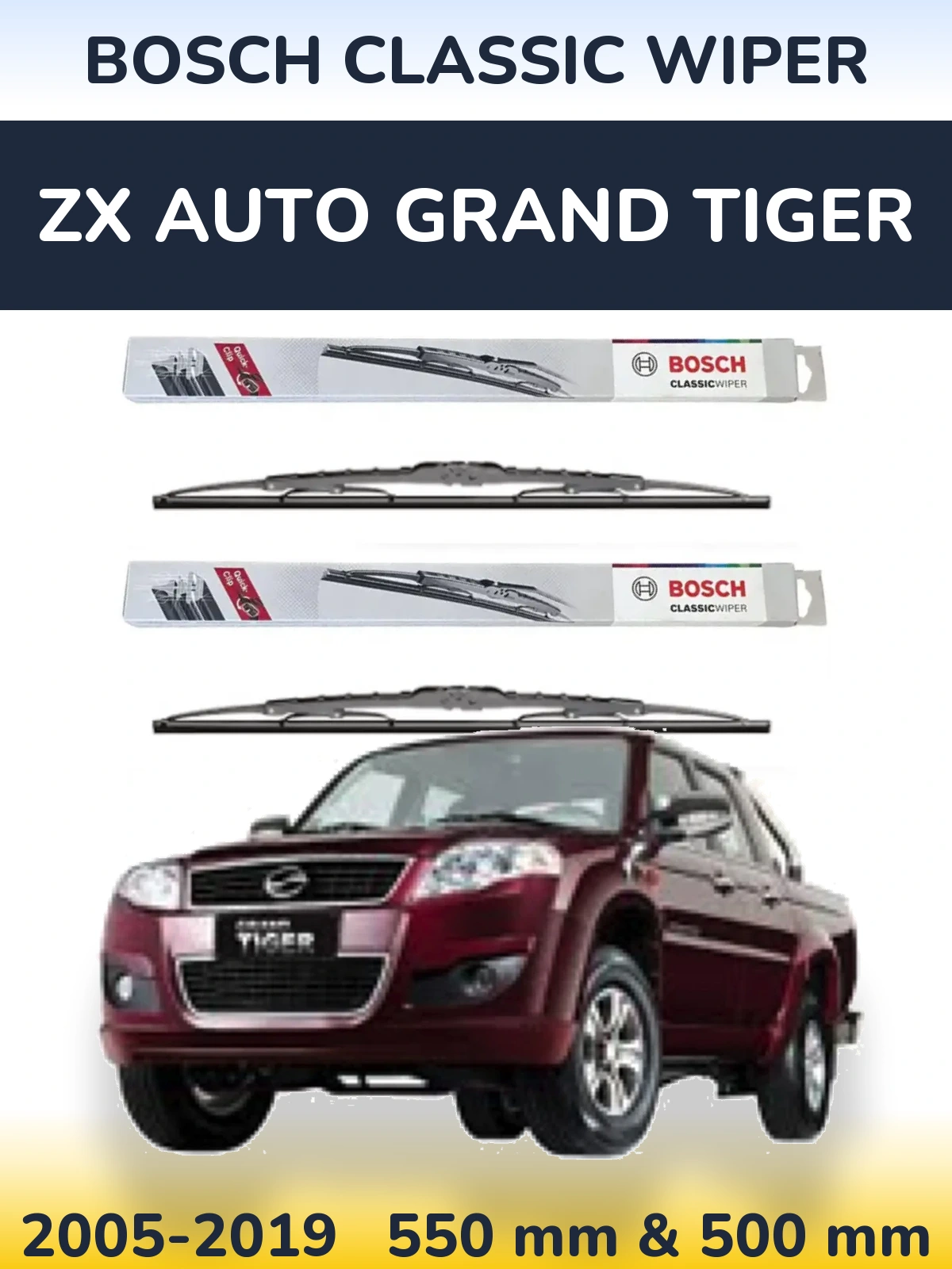 Комплект передних дворников BOSCH Classic Wiper 550 & 500 мм для ZX Auto Grand Tiger 2005-2019