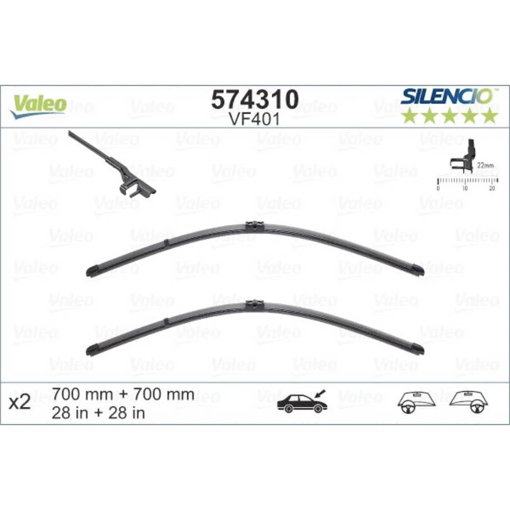Front wiper blade set Valeo Silencio Flat 700 & 700 мм for Ford Galaxy 1 2001-2006